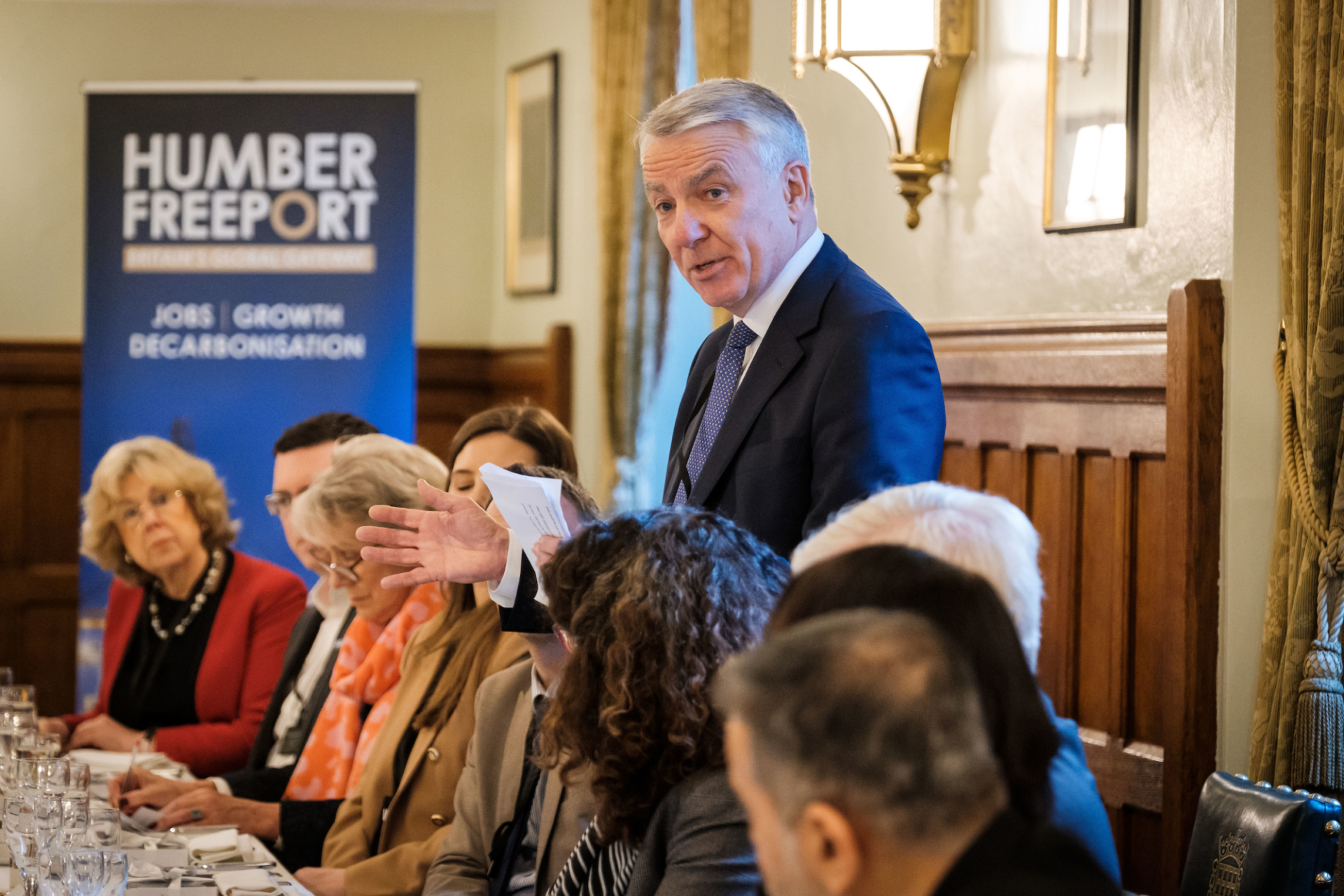 Simon Bird Chair of Humber Freeport addresses guests in Westminster