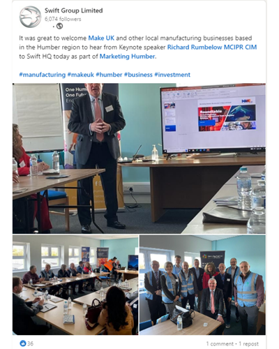 It was great to welcome Make UK and other local manufacturing businesses based in the Humber region to hear from Keynote speaker Richard Rumbelow MCIPR CIM to Swift HQ today as part of Marketing Humber.